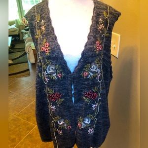 Vintage Cardigan Sweater Vest with Hand Embellishments of Ribbon and Embroidery